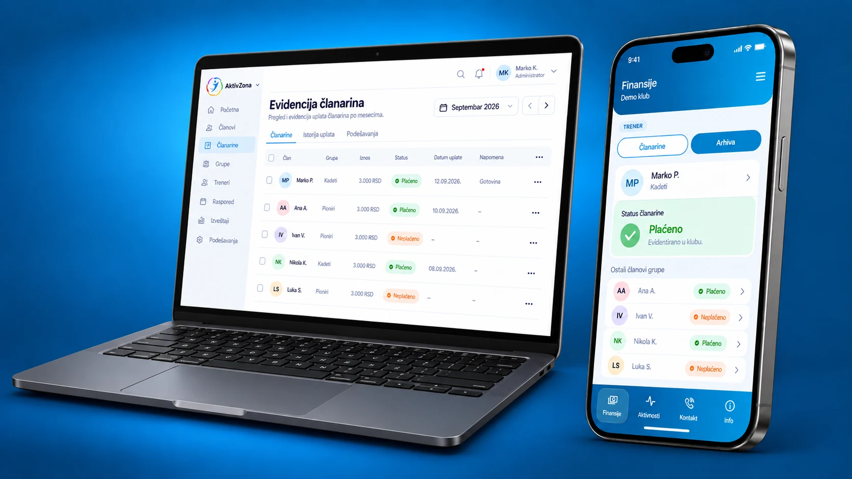 AktivZona mobilna aplikacija sa statusom članarine i donjom navigacijom.